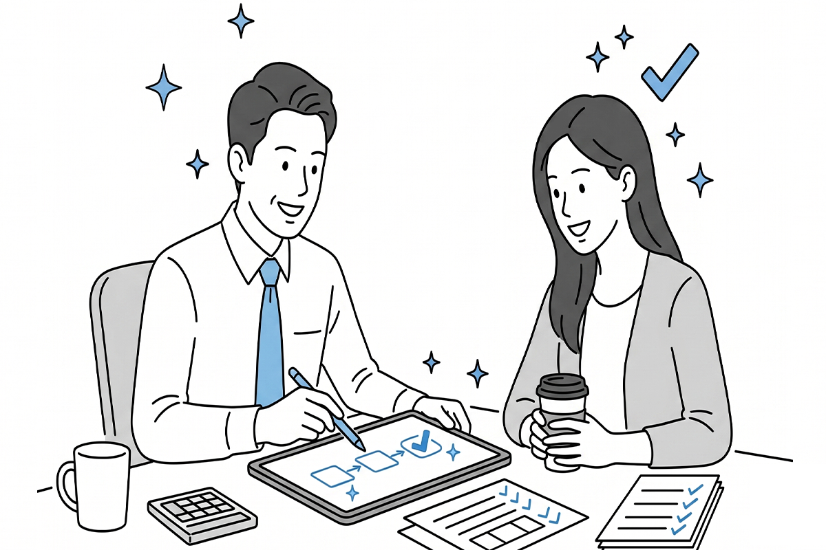 Hong Kong business scene: consultant explaining documents to a client